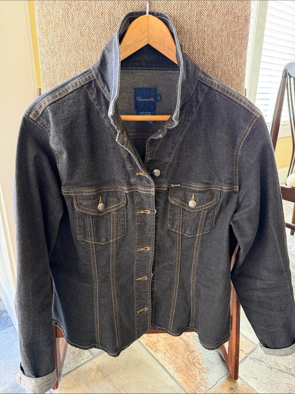 Faconnable Black Gray Cotton Denim Trucker Jacket Sz L EUC